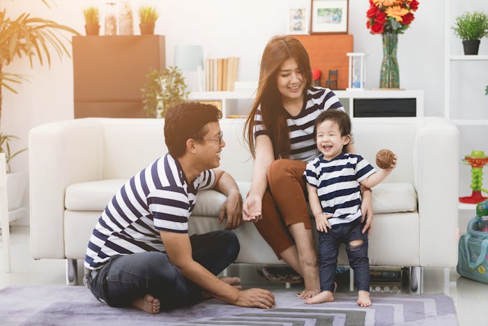 Happy asian family father and mother enjoying with child, Family lifestyle at home