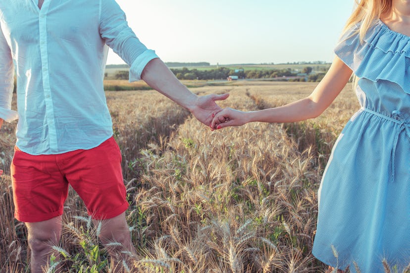 A guy with a girl in the summer goes on a wheat field, holding each other hands. Close-up summer in ...