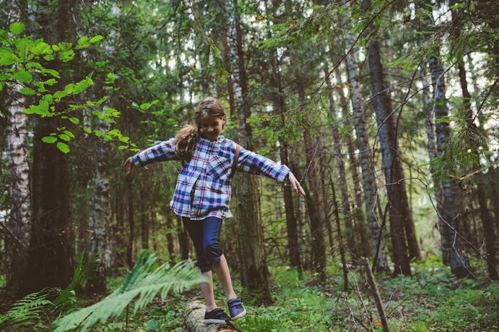 happy kid girl exploring summer forest, traveling on vacation. Teaching kids to love nature. Earth d...