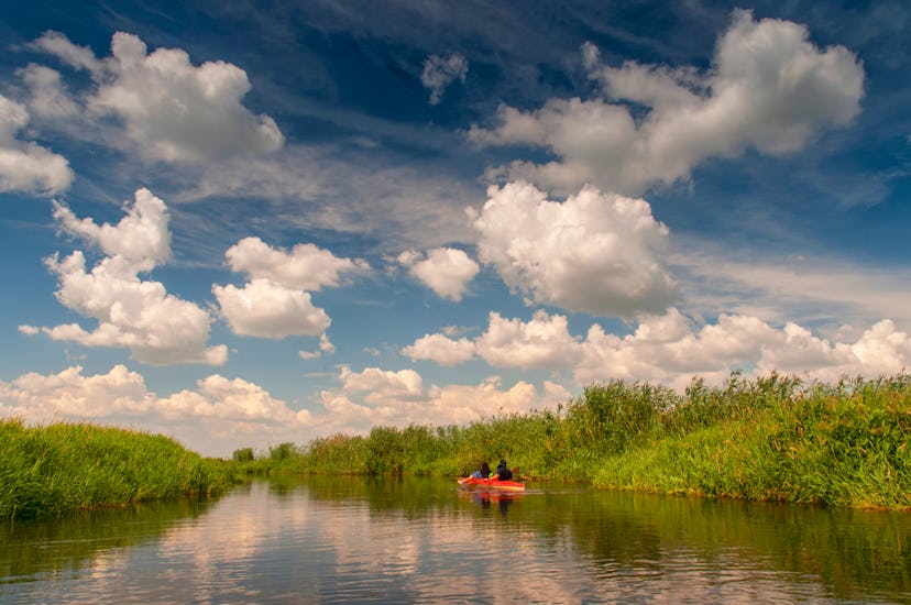 Family in a canoe on the Biebrza river national park, Poland.