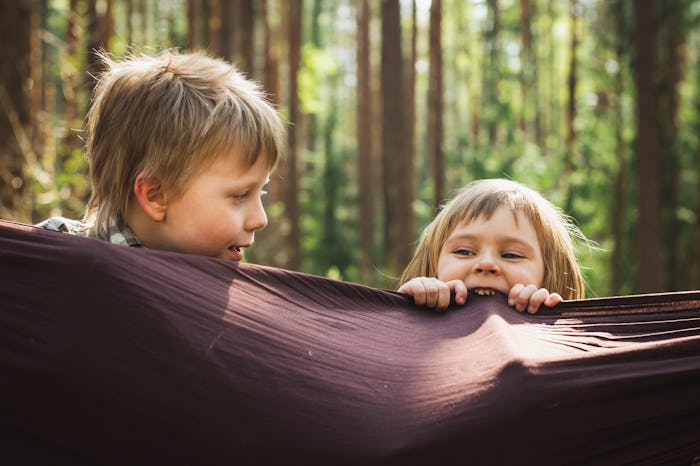 happy children relaxing in hammock outdoors green summer forest background. Little kids having fun p...