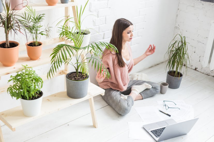 Young happy woman sits on the floor in a yoga pose in a bright apartment and works behind a laptop, ...