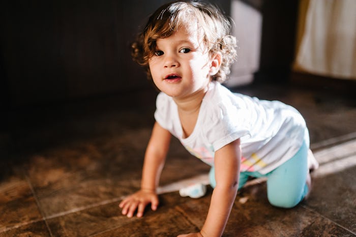 Portrait of a toddler, girl, adorable baby playing and crawling on the floor indoors, little child p...