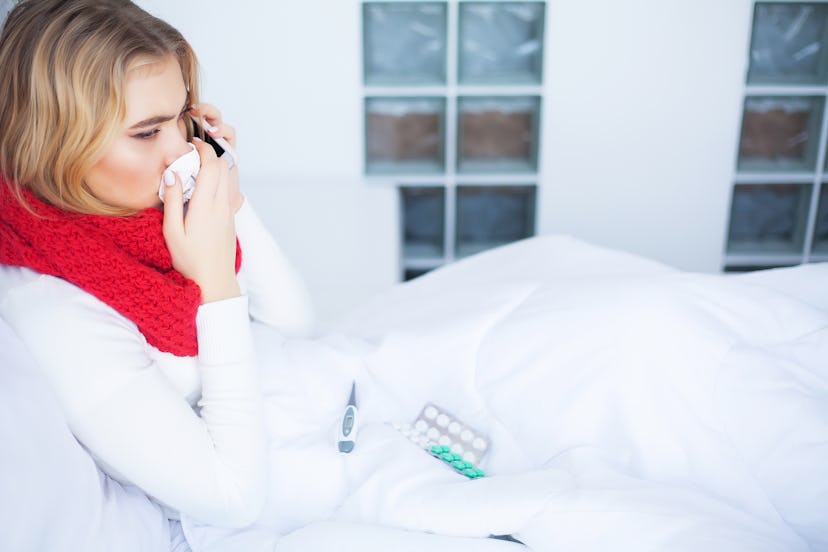 Flu and Sick Woman. Sick Woman Using Paper Tissue, Head Cold Problem