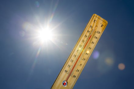 Mercury thermometer marking 39 degrees Celsius 100 Fahrenheit in a sunny day. Summer heat shown on m...