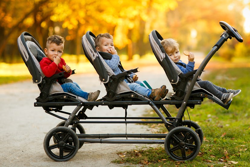 The happy triplets sit in a  baby stroller and eat cookies at autumn park