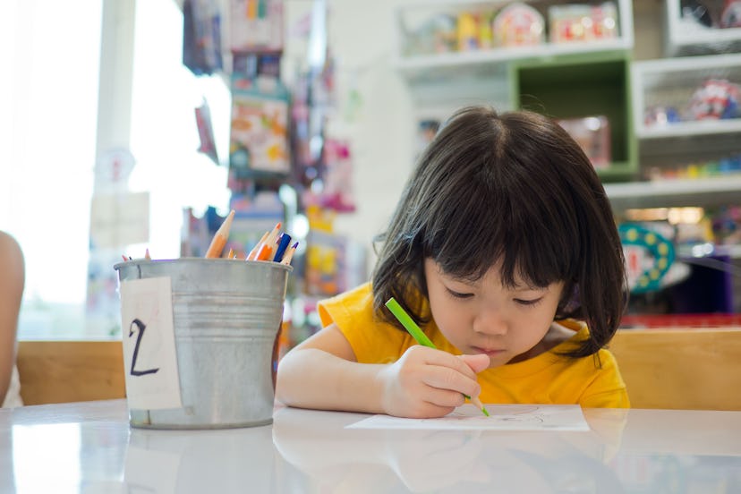 children girl doing homework with mother, kid write paper, family concept, learning time, student, b...