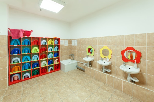Children's bathrooms with individual towels of a kindergarten.
