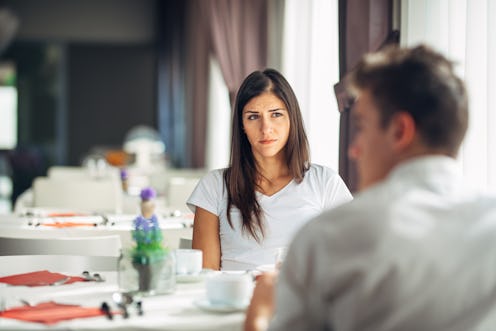 Empathetic emotional woman listening about bad news,problems.Sad woman feeling absent and not intere...