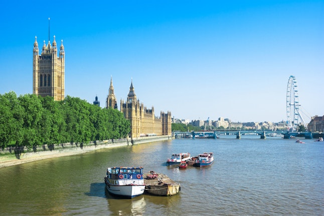 Houses of Parliament with Victoria Tower, Big Ben and Westminster Bridge in the summer, London, UK