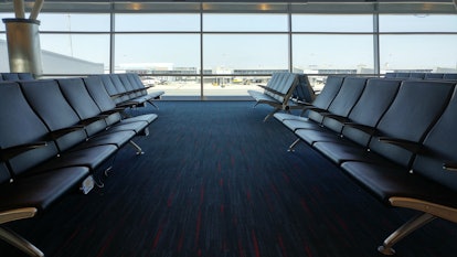 airport waiting rooms, lounges with glass windows, chairs and airplanes  jfk