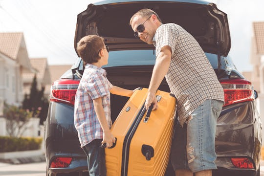 Happy father and son getting ready for road trip on a sunny day. Concept of friendly family.