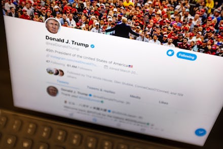 President Donald Trump's Twitter feed is photographed on an Apple iPad in New York, . Trump's next t...