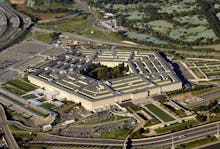 US Pentagon in Washington DC building looking down aerial view from above