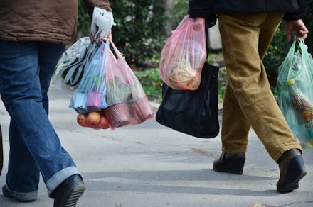 shopping with plastic bags, need to think about recycling