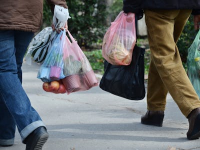 shopping with plastic bags, need to think about recycling