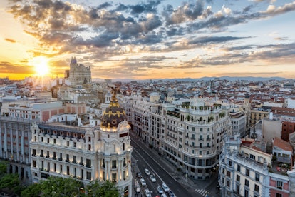 The skyline of Madrid, Spain, during sunset