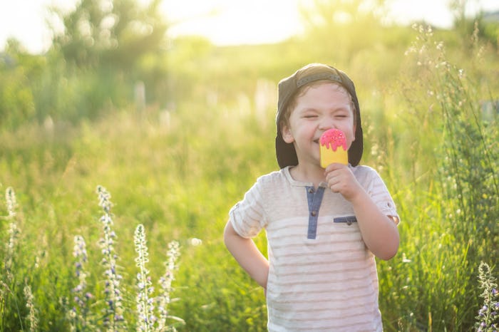 Happy Child eating cookies in the form of ice cream. Kids eat in the garden. Boy in the garden holdi...