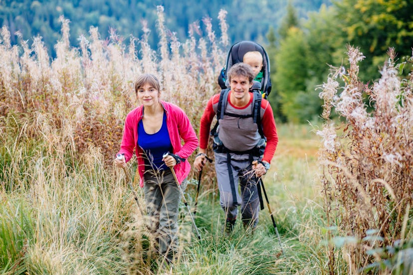 Family hiking in the mountains. Father hiking with toddler in backpack. Young mother, father and son...