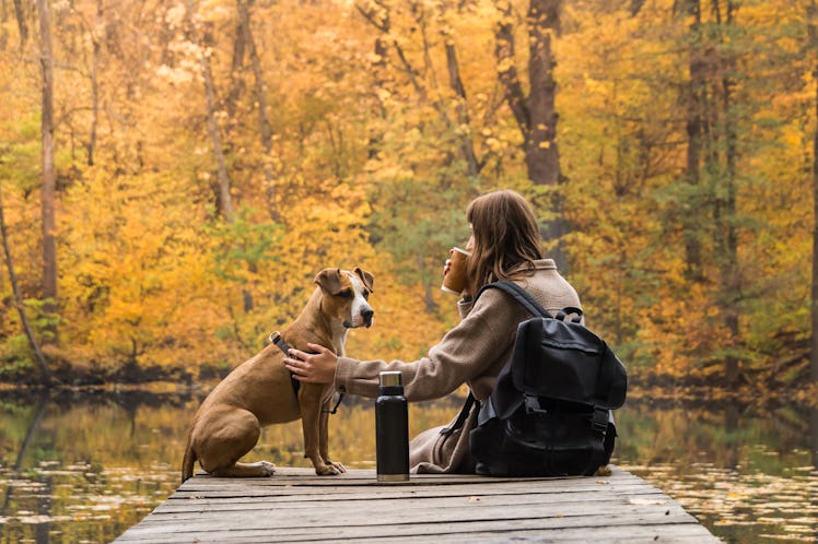 Tourist hiker girl sits at riverbank with her pet and enjoys beautiful indian summer sight with cup ...
