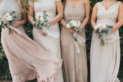 close up of nude bridesmaids dresses, flower bouquets, modern and trendy gowns, blowing in wind