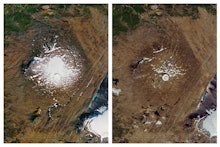 This combination of, left, and Aug. 1, 2019 photos provided by NASA shows the shrinking of the Okjok...