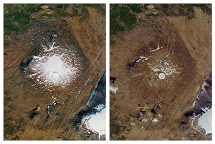 This combination of, left, and Aug. 1, 2019 photos provided by NASA shows the shrinking of the Okjok...