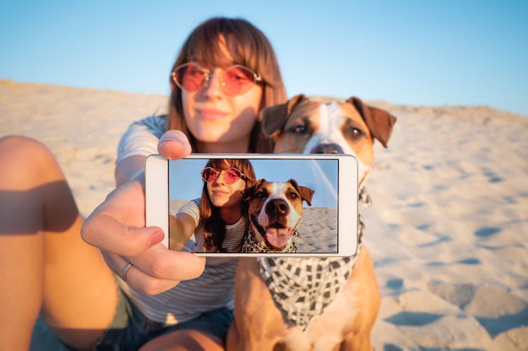 Human taking a selfie with dog. Best friends concept: young female makes self portrait with her pupp...