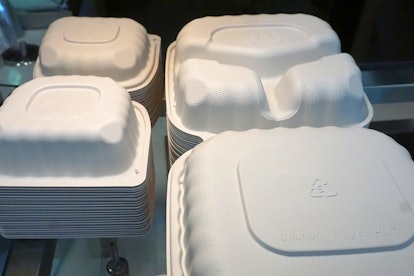 molded fiber take-out containers, compostable; Harrisonburg, VA, USA