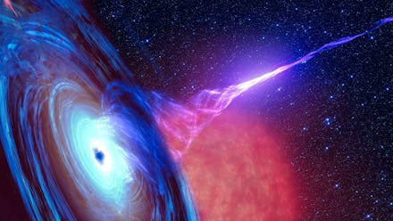 Abstract space wallpaper. Black hole with nebula over colorful stars and cloud fields in outer space...