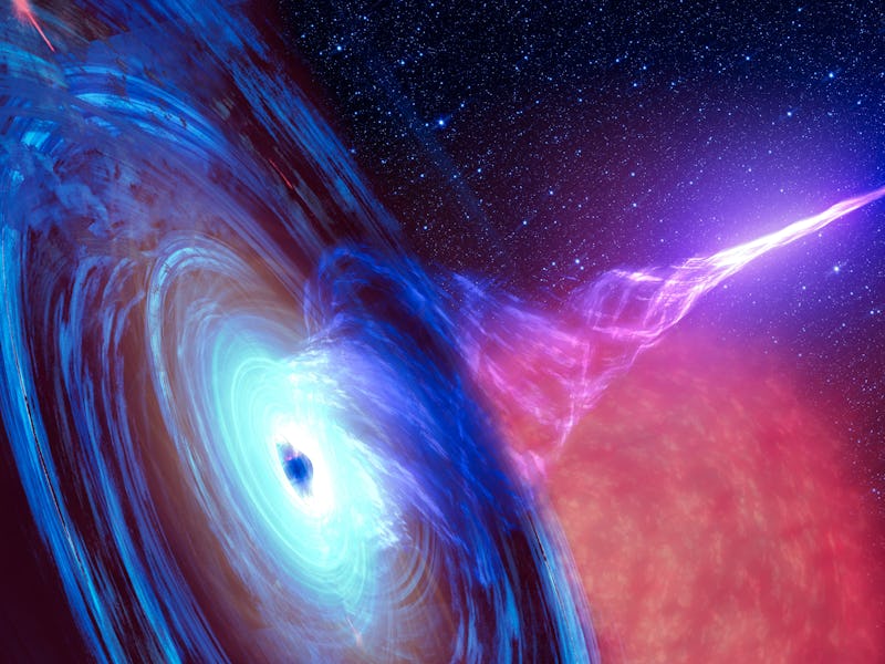 Abstract space wallpaper. Black hole with nebula over colorful stars and cloud fields in outer space...