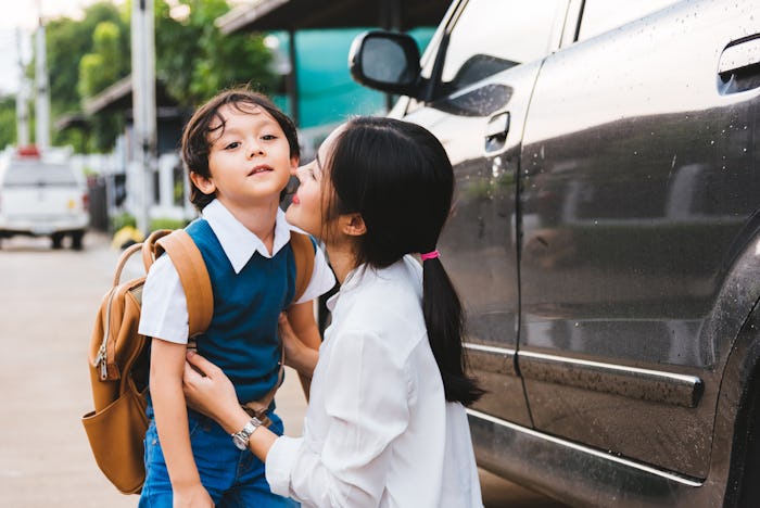 Family happy mother mom send children kid son boy kindergarten to school, education back and back to...