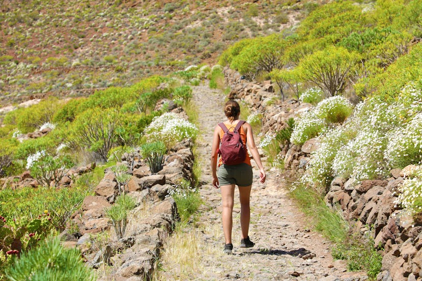 Girl with backpack walks along the mountain path. A woman is walking along a stony road in Tenerife.