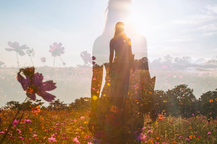 Girl in a field of flowers, double exposure