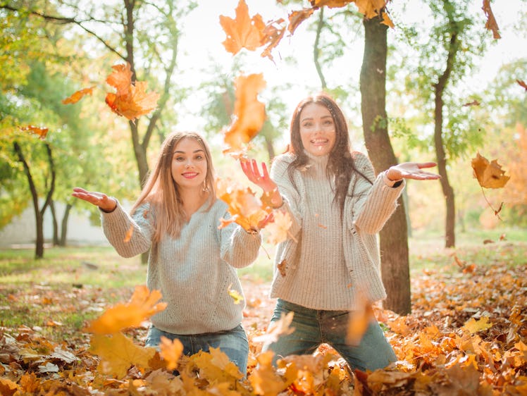 Close-up of beautiful girls, twins sisters, in autumn park