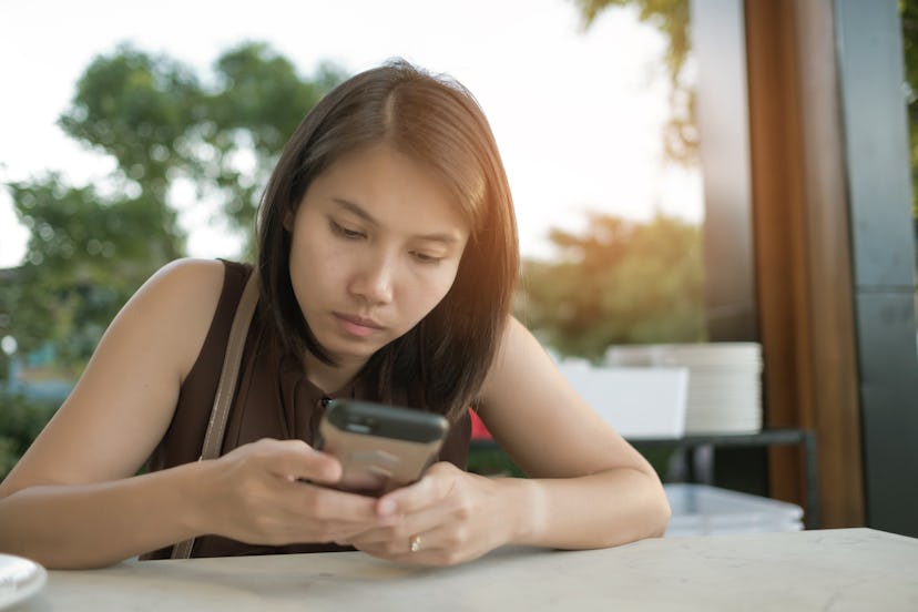 asian girl calling phone, woman use smartphone
