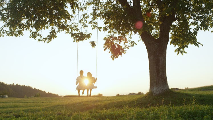LENS FLARE SILHOUETTE: Young couple in love swaying on tree swing at golden summer sunset. Happy man...