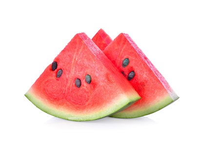 closeup of some pieces of refreshing watermelon on a white background