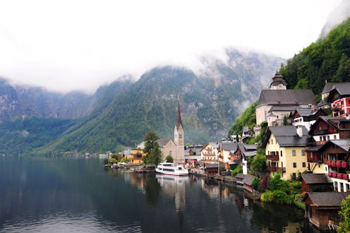 Iconic fairytale European city Hallstatt, Austria on a rainy fall day in the Austrian Alps