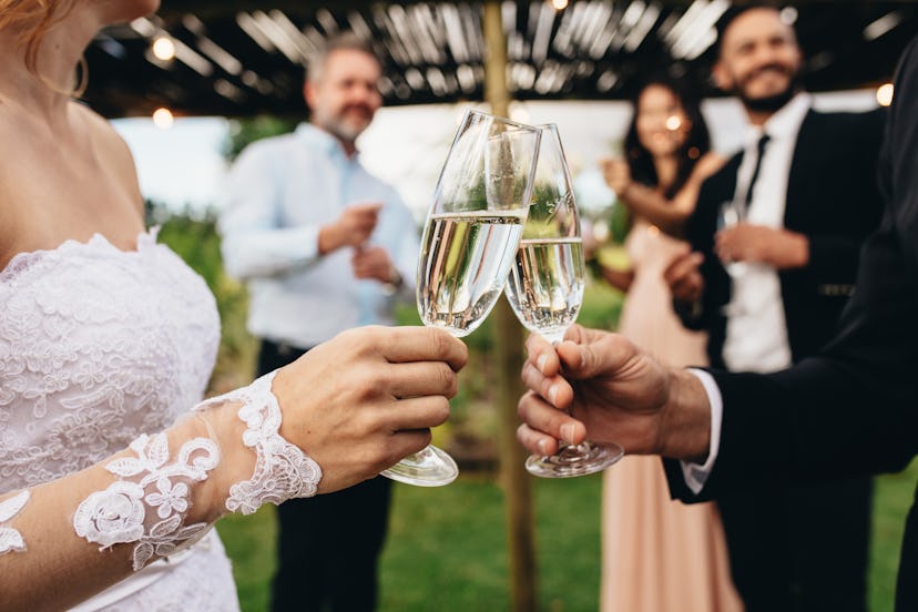 Close up of bride and groom toasting champagne glasses at wedding party. Newlyweds clinking glasses ...