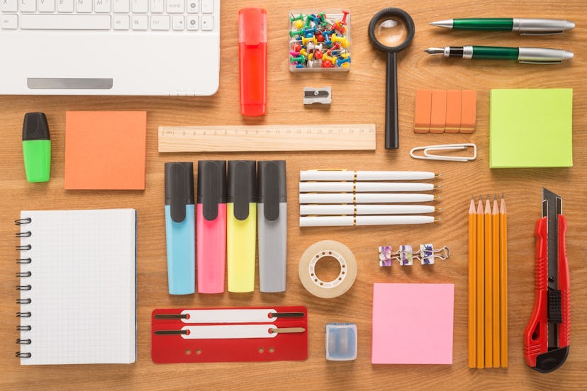 School office supplies on a desk
