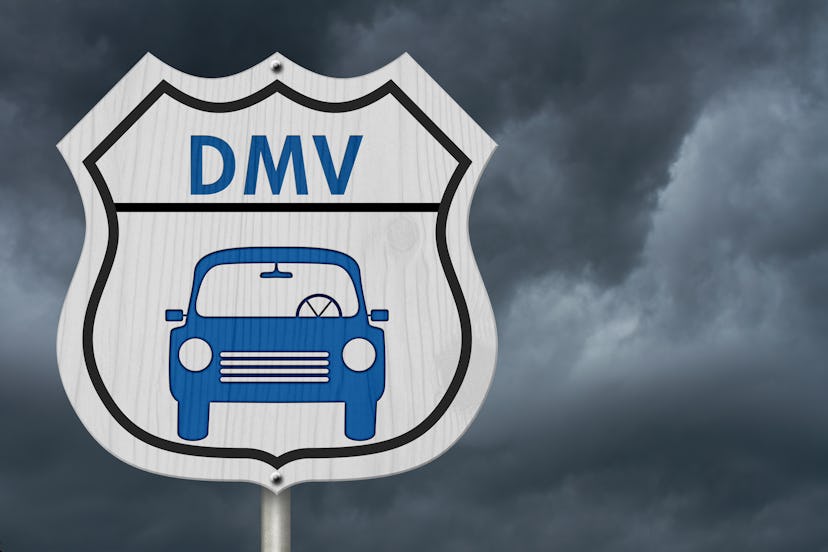 Visit to the DMV Highway Sign, Icon of a car and text DMV on a highway sign isolated with stormy sky...