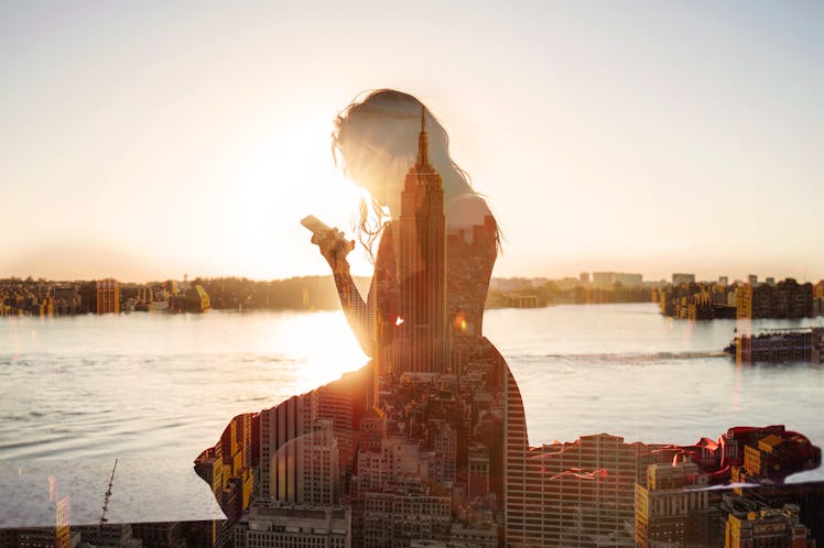 double exposure girl with a phone in New York