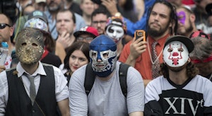 Jaggalos, fans of the band Insane Clown Posse, listen to a speaker during the Jaggalo March at the L...
