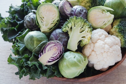 cruciferous vegetables, cauliflower,broccoli, Brussels sprouts, kale in wooden bowl, reducing estrog...