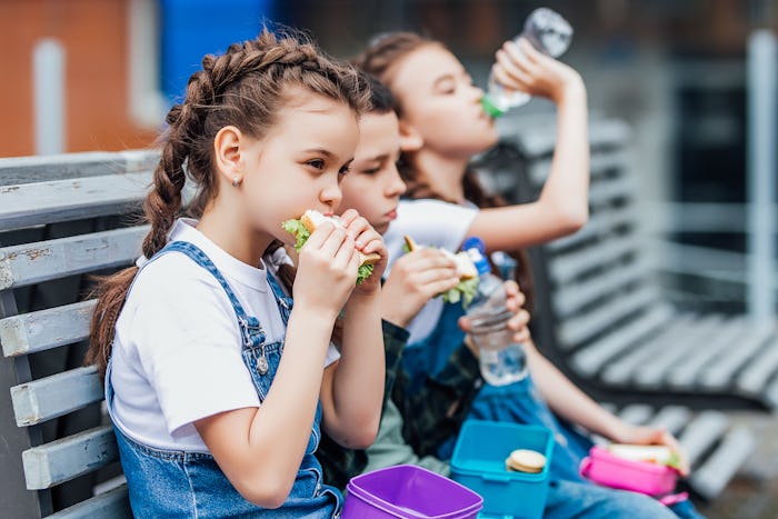 Three child eat, appetizing school lunch. Healthy school lunch: apple, juice, hamburger, vegetable,a...