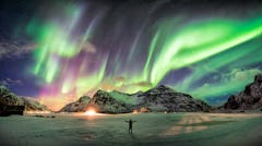 Aurora borealis (Northern lights) over mountain with one person at Skagsanden beach, Lofoten islands...