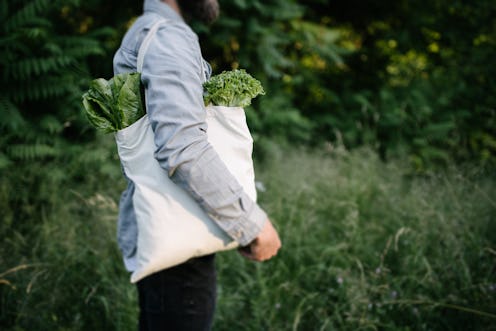 Man holding an eco bag filled with grocery. Vegetables and fruits are hanging from the bag. Ecology ...