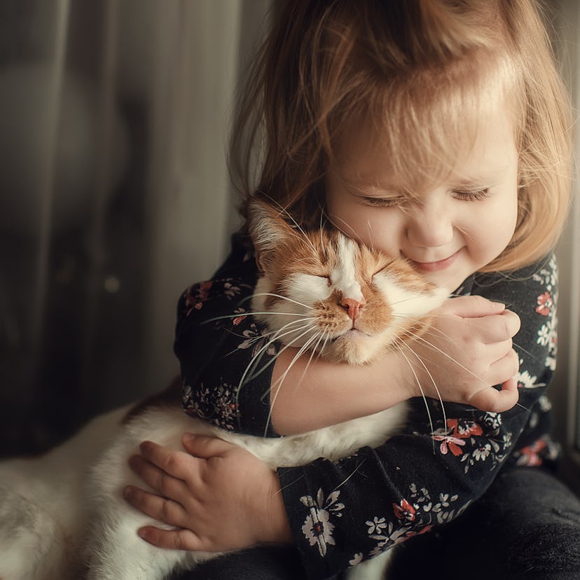 This little girl squeezing this cat looks like the child that would absolutely name a cat Olives.