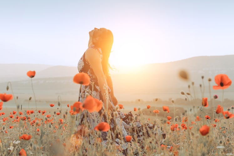beautiful girl in a poppy field at sunset. concept of freedom
